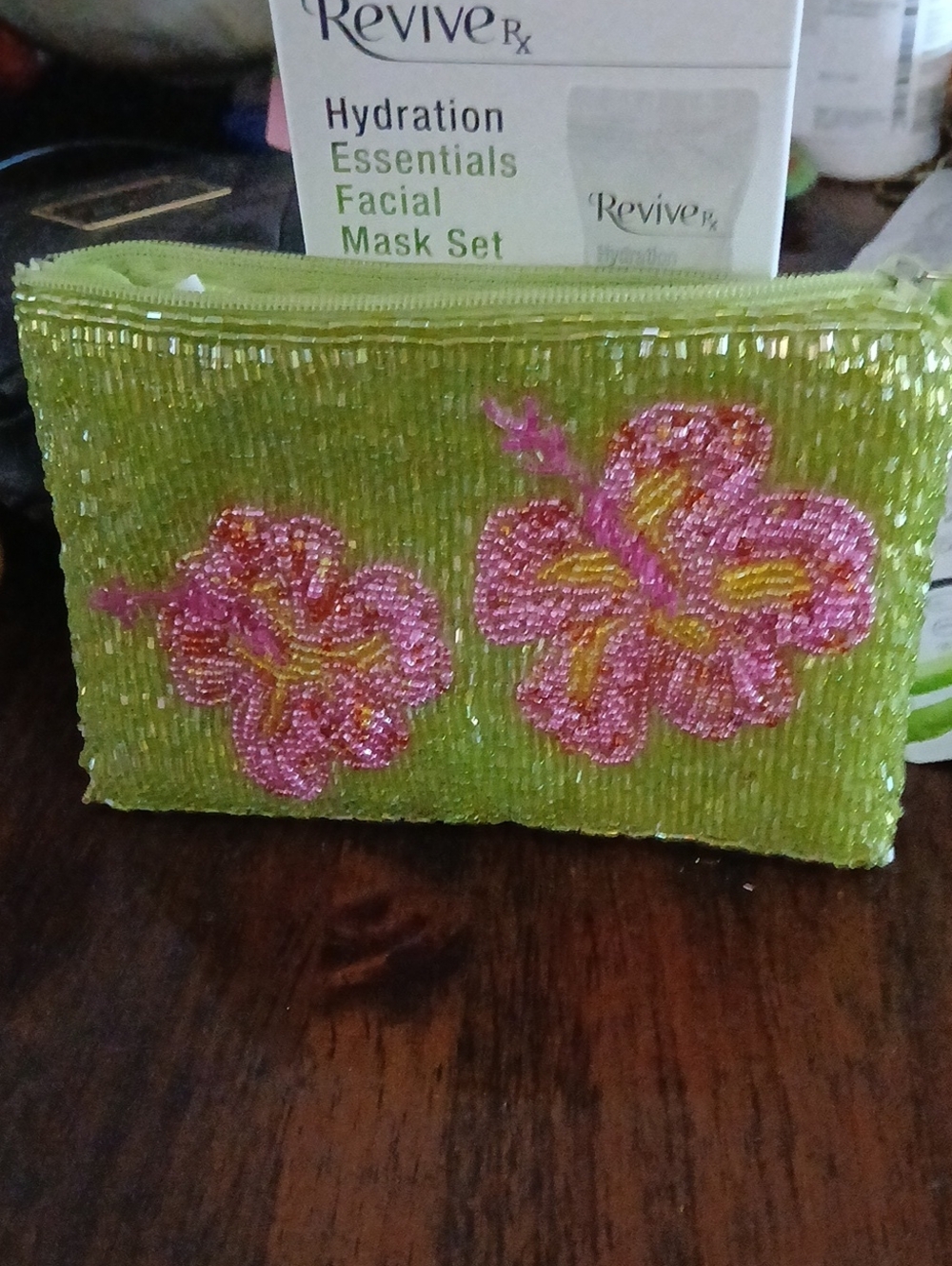 Beaded Floral Pouch - Green with Pink Flowers Nwot